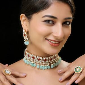 Red & Light Green Gold Finish Kundan Necklace Set Adityam Jewels 4178714