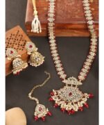 Styylo Fashion Traditional Red Stone and Beads Long Rani Haar Necklace with Earring and Mangtika Styylo Fashion 3565663