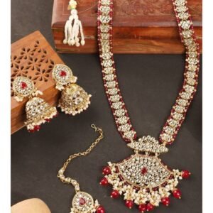 Styylo Fashion Traditional Red Stone and Beads Long Rani Haar Necklace with Earring and Mangtika Styylo Fashion 3565663